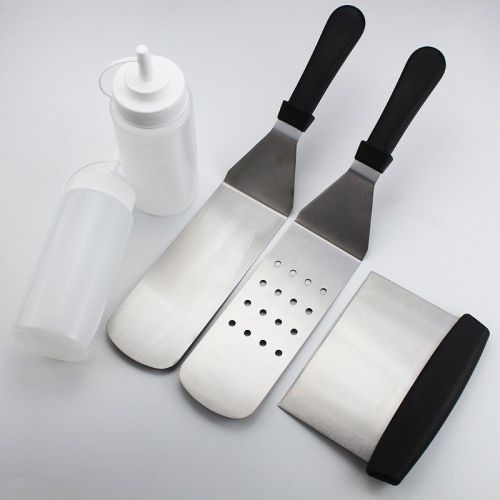 Stainless Steel Barbecue Tool Set Ergonomic Handle - 2 Perforated Flat Spatula, Turner, Scraper, 2 Squirt Bottles - Grilling, Camping, Outdoor Cooking Stainless Steel Barbecue Tool Set Ergonomic Handle - 2 Perforated Flat Spatula, Turner, Scraper, 2 Squirt Bottles - Grilling, Camping, Outdoor Cooking