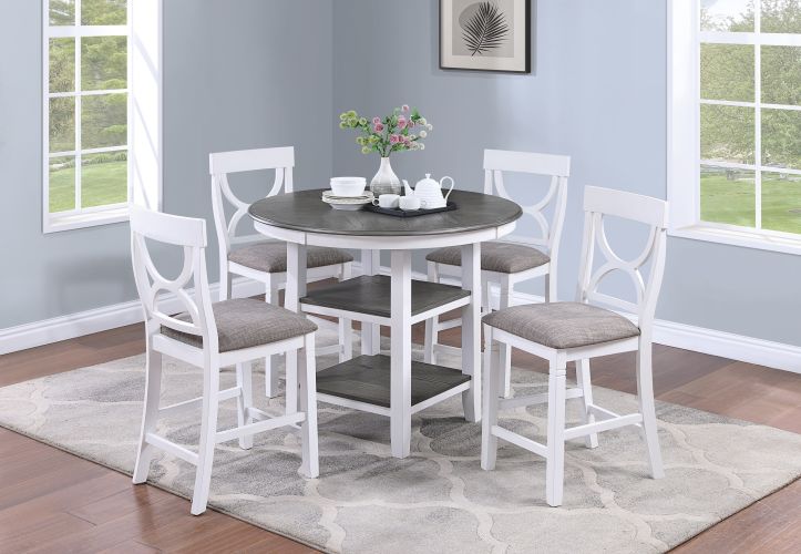 Counter Height Dining Table w Storage Shelve 4x Chairs Padded Seat Unique Design Back 5pc Dining Set White Color